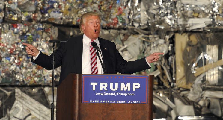 Donald Trump delivers a speech at Alumisourse, a metals recycling facility, in Monessen, Penn., June 28, 2016. (Photo: Louis Ruediger/Reuters)