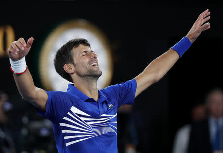 Tennis - Australian Open - Men's Singles Final - Melbourne Park, Melbourne, Australia, January 27, 2019. Serbia's Novak Djokovic celebrates after winning the match against Spain's Rafael Nadal. REUTERS/Aly Song