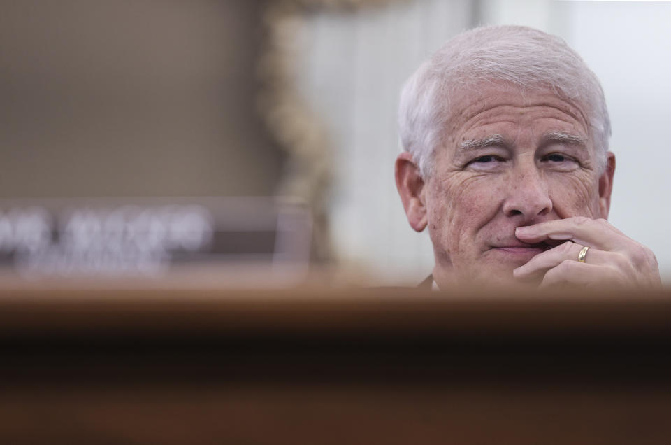 Sen. Roger Wicker, R-Miss., listens during a Senate Commerce, Science and Transportation Committee hearing on Rhode Island Gov. Gina Raimondo' nomination to be Commerce secretary on Capitol Hill in Washington, Tuesday, Jan. 26, 2021. (Jonathan Ernst/Pool via AP)
