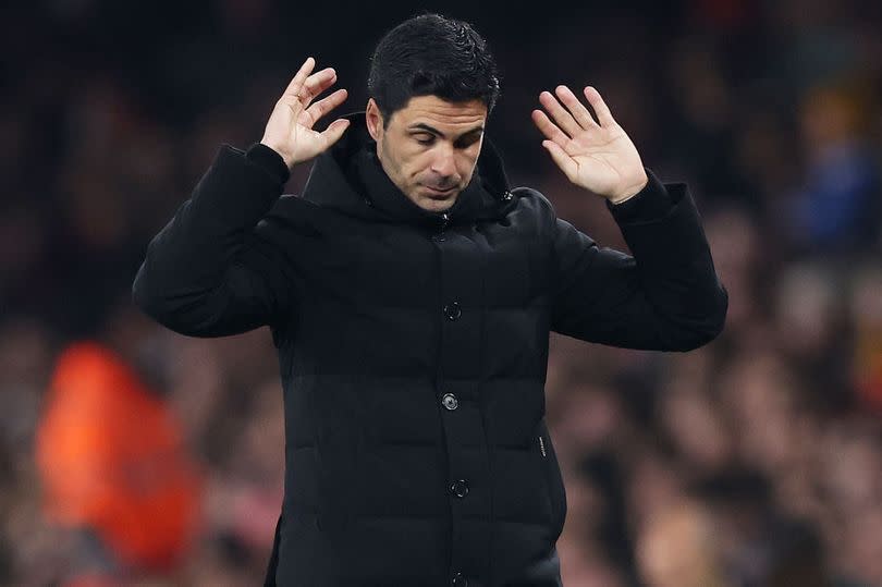 Mikel Arteta, Manager of Arsenal, looks dejected during the Premier League match between Arsenal FC and Southampton FC at Emirates Stadium on April 21, 2023