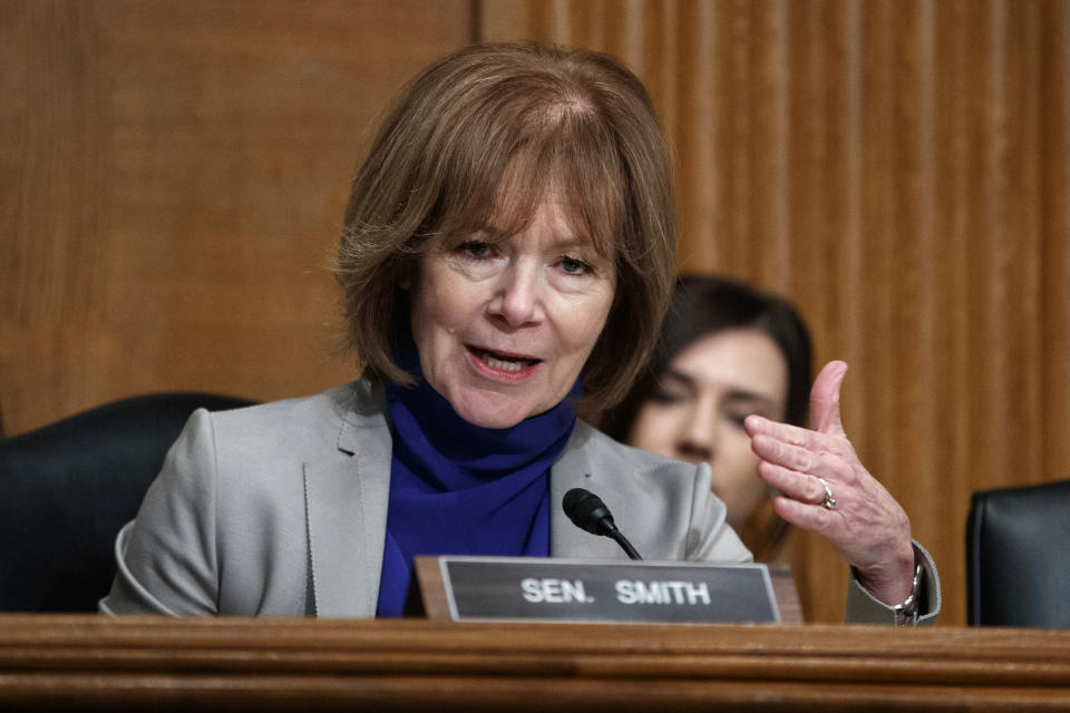 FILE - In this March 5, 2019 file photo Sen. Tina Smith, D-Minn., speaks during a Senate Committee on Health, Education, Labor, and Pensions hearing on Capitol Hill in Washington. Smith will face Republican Jason Lewis who jumped into Minnesota's Senate race Thursday, August 22, 2019 with a campaign video that attacked the state's freshman Rep. Ilhan Omar and the so-called "resistance" to President Donald Trump. Lewis seeks to tie Smith to Omar, who has become a frequent target of Trump. (AP Photo/Carolyn Kaster, file)