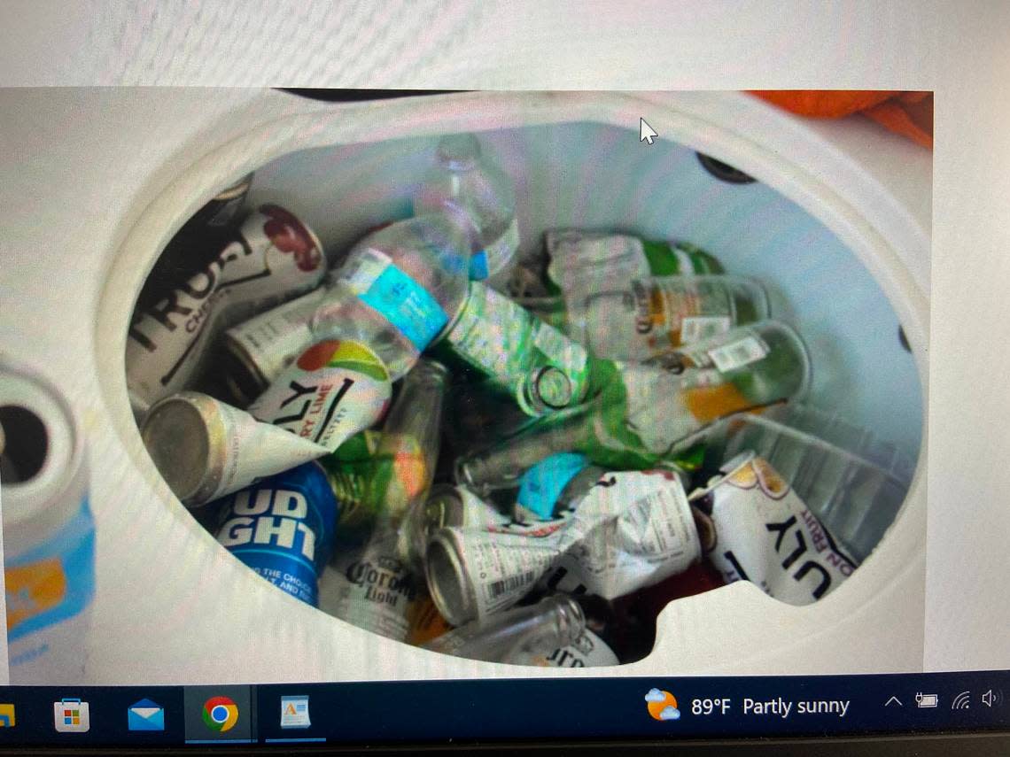 Empty beer and other alcoholic beverage containers fill a trash can on the boat belonging to George Pino, according to the Florida Fish and Wildlife Conservation Commission.