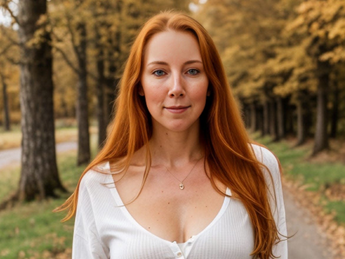 AI generated image of a woman with ginger hair standing in a path between yellowing trees. She wears a white top and jeans.