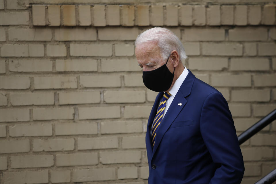 Democratic presidential candidate former Vice President Joe Biden arrives to meet with with small business owners, Wednesday, June 17, 2020, at Carlette's Hideaway, a soul food restaurant, in Yeadon, Pa. (AP Photo/Matt Slocum)