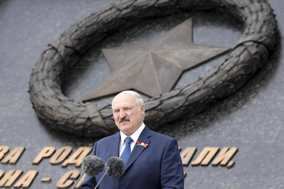 Belarusian President Alexander Lukashenko delivers his speech during an opening ceremony of the monument to the World War II Red Army, in the village of Khoroshevo, just outside Rzhev, about 200 kilometers (about 125 miles) northwest of Moscow, Russia, Tuesday, June 30, 2020. (Mikhail Klimentyev, Sputnik, Kremlin Pool Photo via AP)