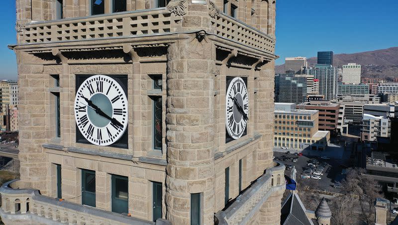 The City and County Building clock in Salt Lake City on Feb. 8, 2022. Daylight saving time ends on Nov. 5, 2023 at 2 a.m.