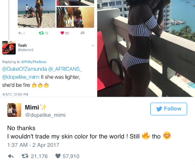 Aspiring model Mimi Mbah, who has beautiful, dark skin, fired back at a troll who told her she'd look better if her skin color was lighter.