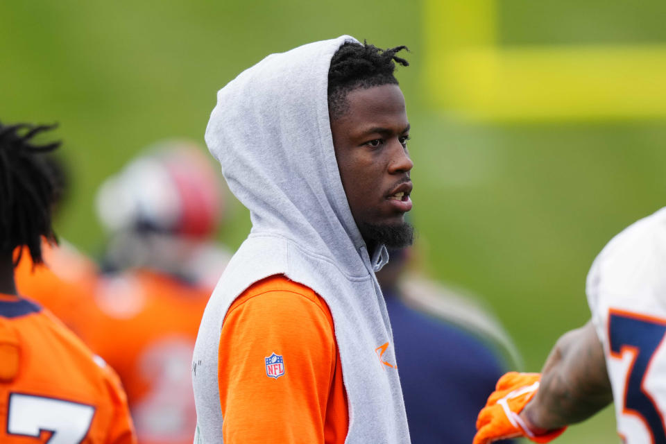 May 23, 2022; Englewood, CO, USA; Denver Broncos wide receiver Jerry Jeudy (10) during OTA workouts at the UC Health Training Center. Mandatory Credit: Ron Chenoy-USA TODAY Sports