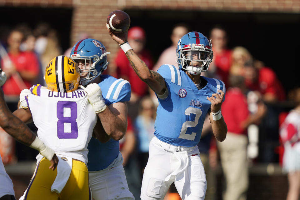 Mississippi quarterback Matt Corral (2) throws a pass against LSU in the first half of an NCAA college football game in Oxford, Miss., Saturday, Oct. 23, 2021. Mississippi won 31-17. (AP Photo/Rogelio V. Solis)