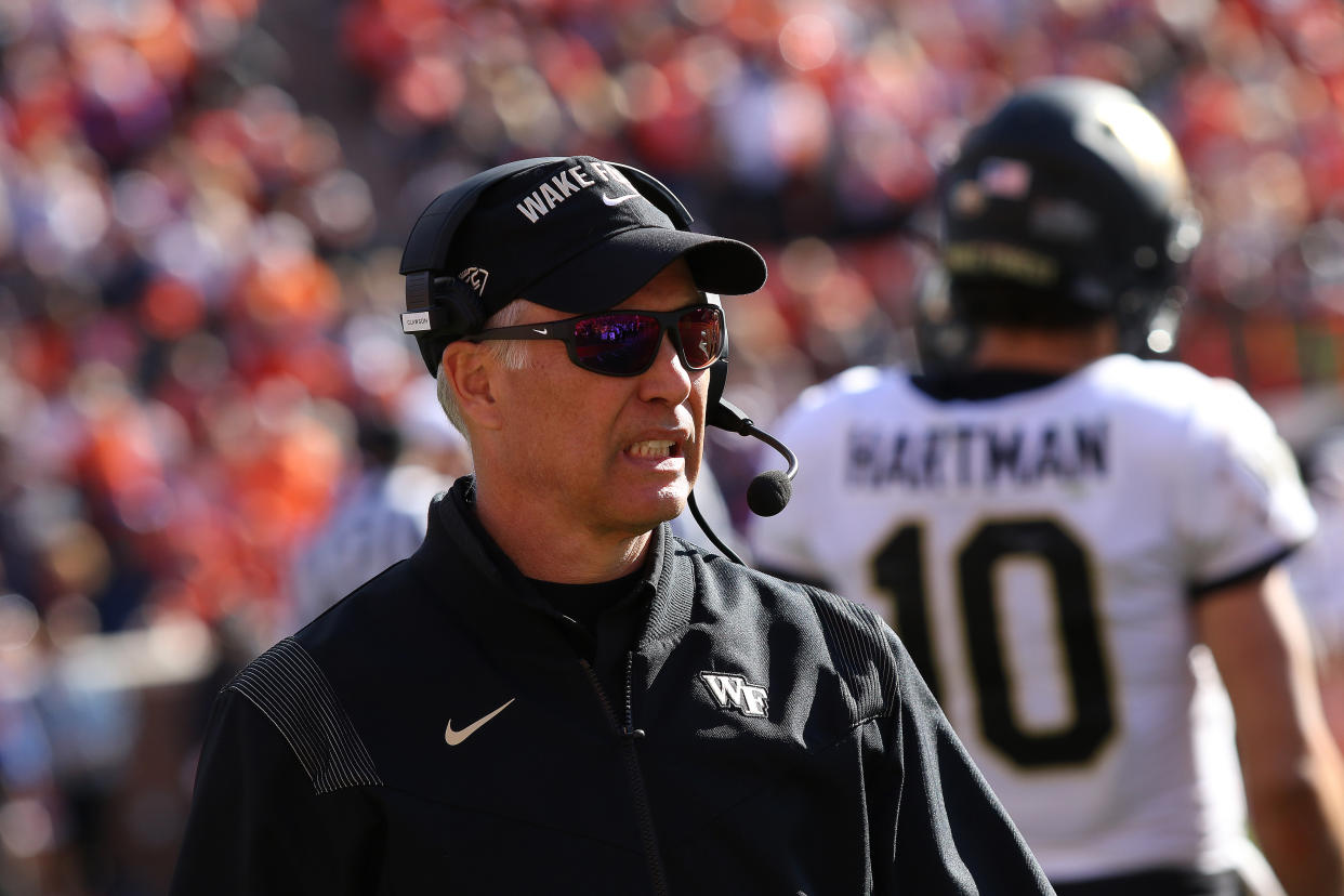 CLEMSON, SC - NOVEMBER 20: Dave Clawson head caoch of Wake Forest during a college football game between the Wake Forest Demon Deacons and the Clemson Tigers on November 20, 2021, at Clemson Memorial Stadium in Clemson, S.C. (Photo by John Byrum/Icon Sportswire via Getty Images)