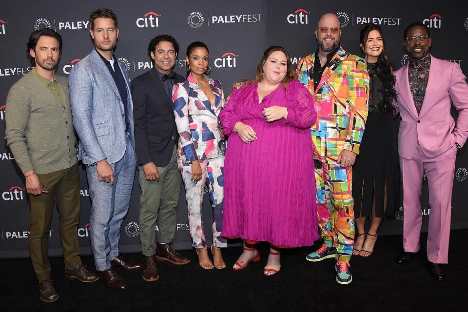 Milo Ventimiglia, Justin Hartley, Jon Huertas, Susan Kelechi Watson, Chrissy Metz, Chris Sullivan, Mandy Moore and Sterling K. Brown arrive the 39th Annual Paleyfest an evening with "This Is Us" at Dolby Theatre in Hollywood, California, on April 2, 2022. (Photo by LISA O'CONNOR / AFP) (Photo by LISA O'CONNOR/AFP via Getty Images)