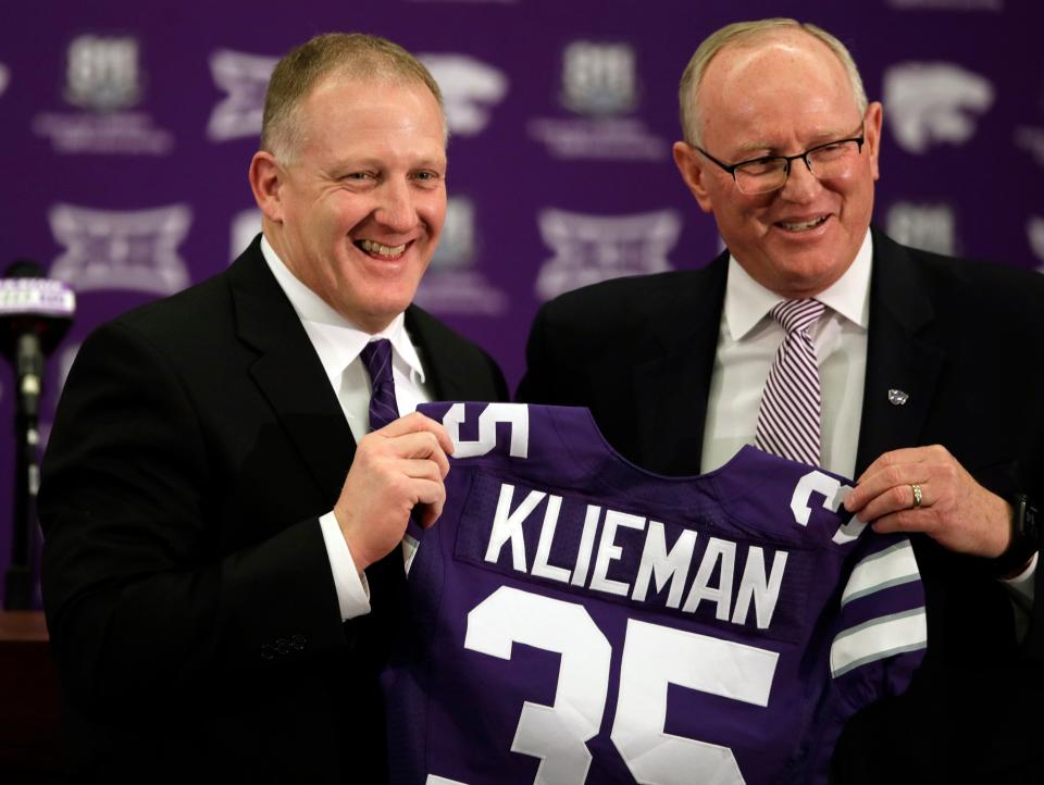 Kansas State coach Chris Klieman, left, got his football start at Waterloo Columbus High School. Saturday, he coaches in the Big 12 Conference championship game.