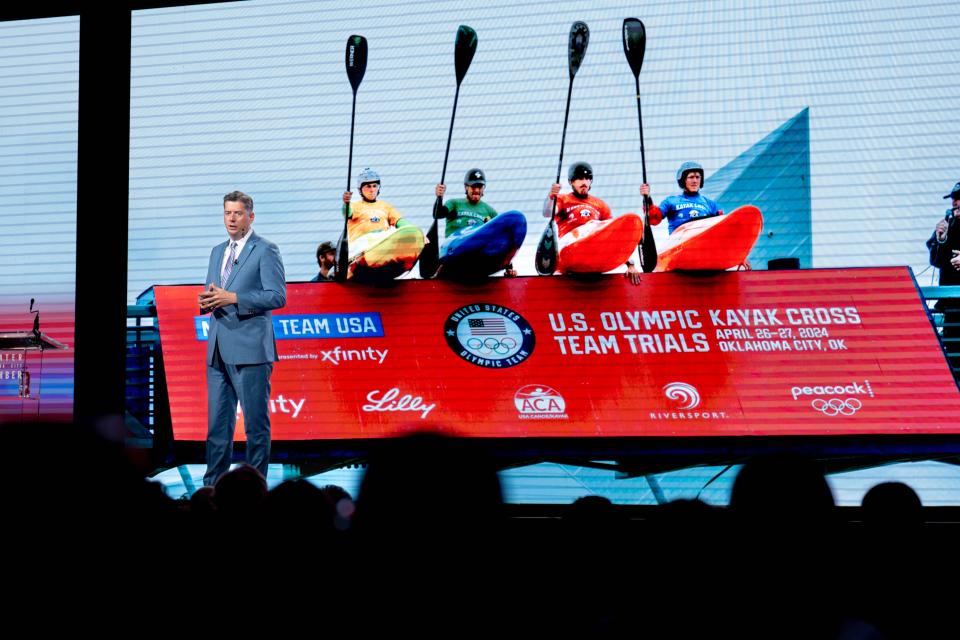 Oklahoma City Mayor David Holt talks Tuesday during his State of the City address about the June announcement of proposals for the city to host canoeing and softball competitions for the 2028 Olympics.