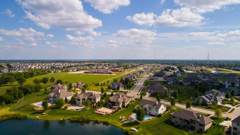 Aerial image of single family homes in Bettendorf Iowa USA.