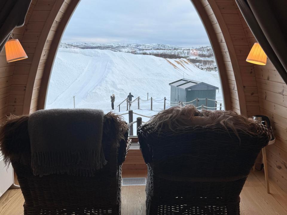 A view from the window of one of Snowhotel Kirkenes' 10 wooden chalets