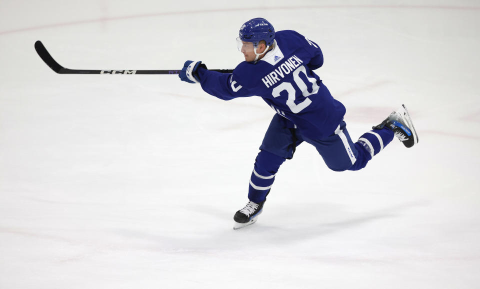 TORONTO, ON- JULY 7  -  Roni Hirvonan fires off a shot as the Toronto Maple Leafs prospects do drills at their Development Camp  at Ford Performance Centre in Toronto. July 7, 2023.        (Steve Russell/Toronto Star via Getty Images)
