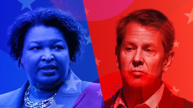 Georgia Gov. Brian Kemp will serve another term in office after defeating Democrat Stacey Abrams. (Photo: Illustration: HuffPost; Photos: Getty)