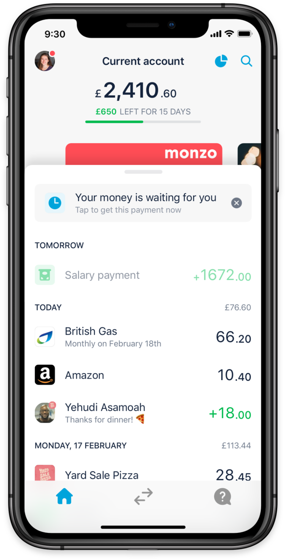 How Monzo's new feature will look in the bank's app (Monzo)