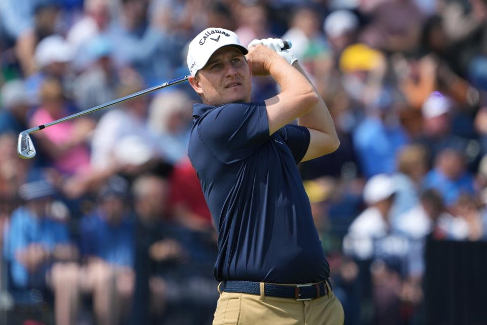 Emiliano Grillo plays his shot from the fourth tee during the first round of the British Open at Royal Liverpool in Hoylake, England on July 20, 2023.