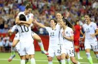 Jun 30, 2015; Montreal, Quebec, CAN; United States forward Kelley O'Hara (5) celebrates her goal during the second half against Germany in the semifinals of the FIFA 2015 Women's World Cup at Olympic Stadium. Mandatory Credit: Jean-Yves Ahern-USA TODAY Sports