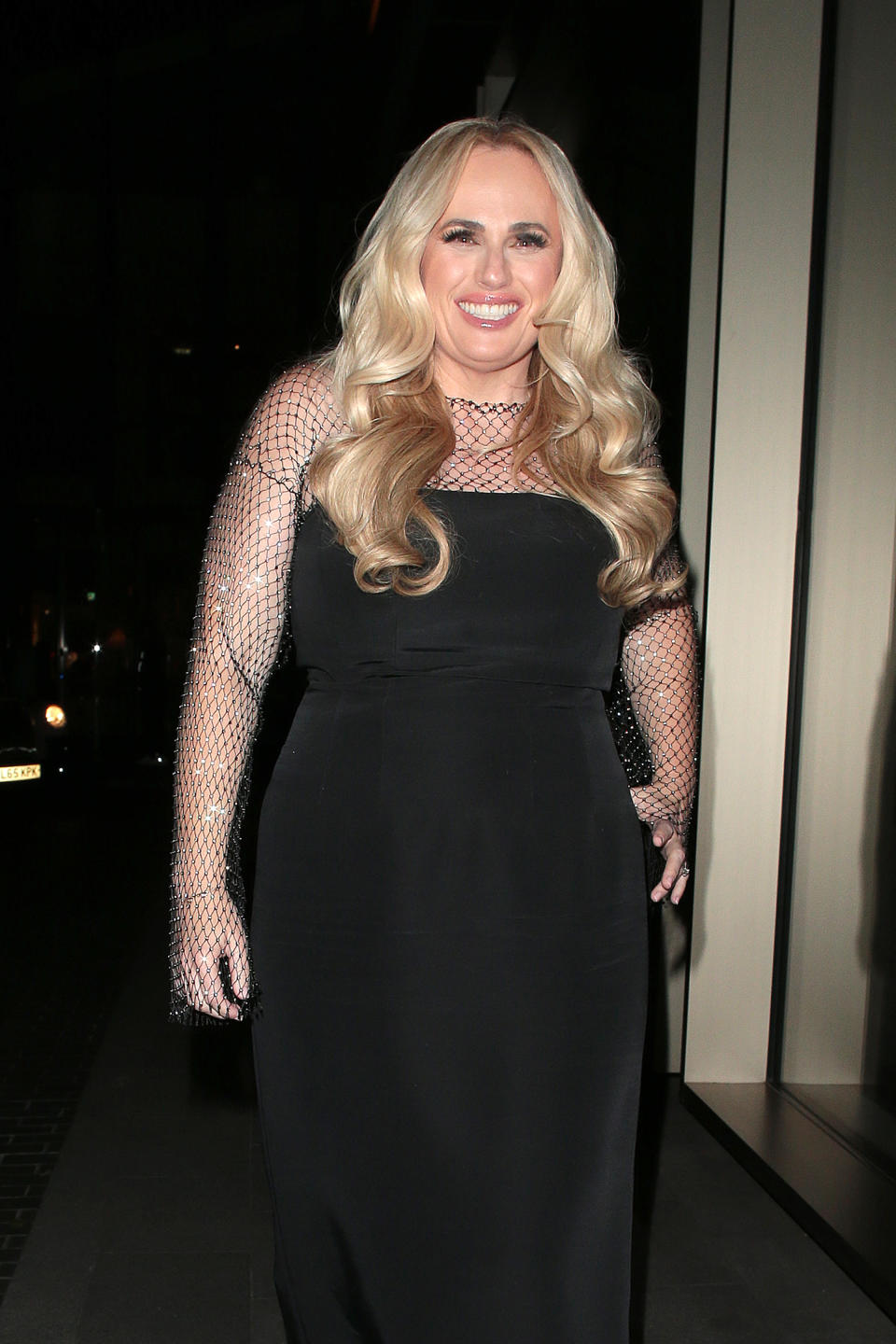 Rebel Wilson in a black sleeveless dress with mesh sleeves and detailing, smiling