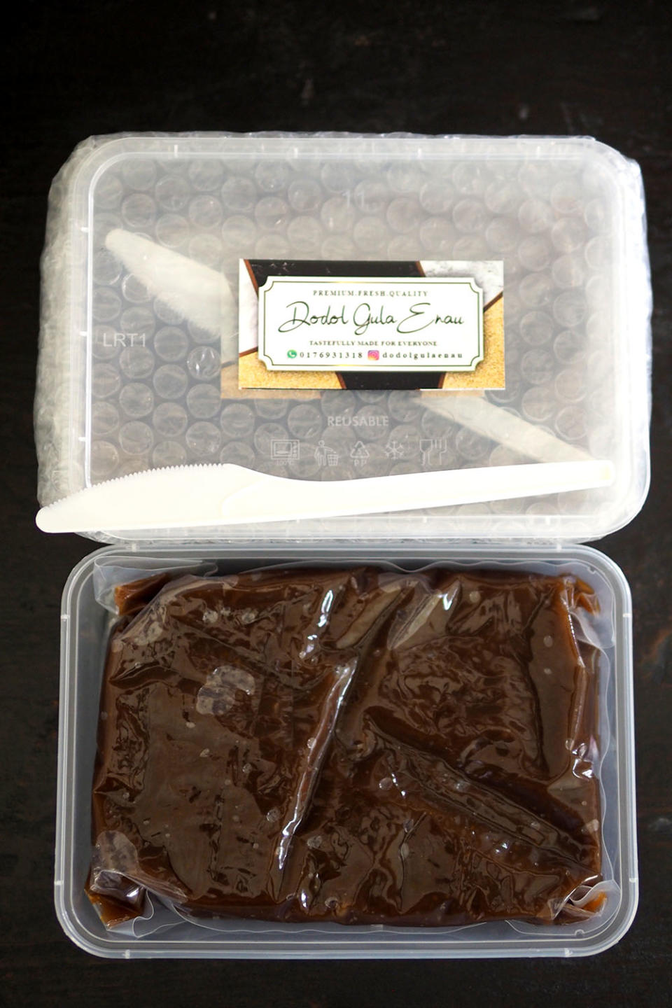 The 'dodol' is couriered from Seremban and sealed in a plastic bag with bubble wrap.