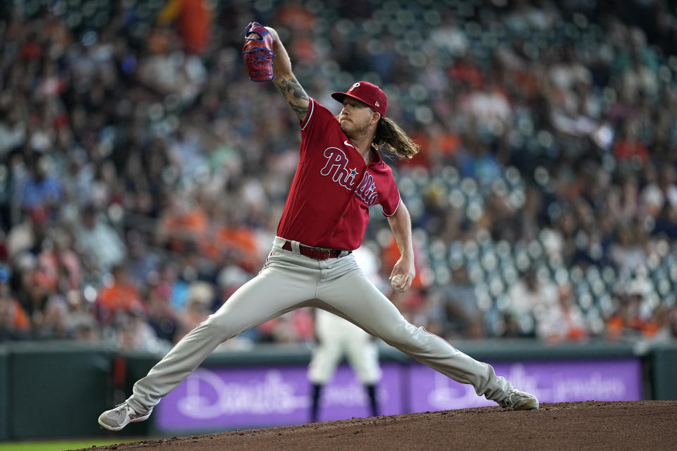 Philadelphia Phillies starting pitcher Bailey Falter throws against the Houston Astros during the first inning of a baseball game Wednesday, Oct. 5, 2022, in Houston. (AP Photo/David J. Phillip)