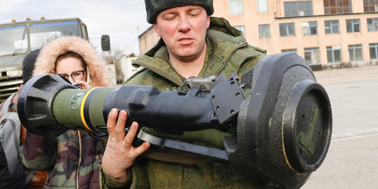 Tanks, multi-barreled rocket launchers and anti-tank vehicles as well as various armored vehicles belonging to Ukrainian army are brought to the Luhansk region after being captured in Tryohizbenka village of Luhansk region in eastern Ukraine on March 27, 2022