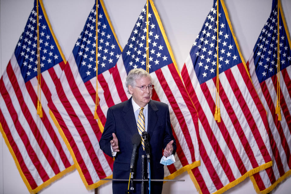 Senate Majority Leader Mitch McConnell, R-Ky., speaks to reporters during a news conference following a Senate policy luncheon on Capitol Hill, Tuesday, June 16, 2020, in Washington. (AP Photo/Andrew Harnik)