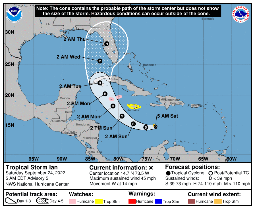 The expected track of Tropical Storm Ian as of 5 a.m. Saturday.