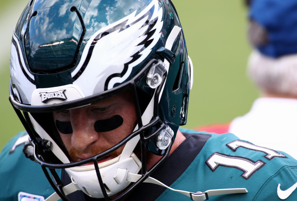 Eagles quarterback Carson Wentz is reportedly "not happy" with being benched, and wants a trade if that continues. (Photo by Kyle Ross/Icon Sportswire via Getty Images)
