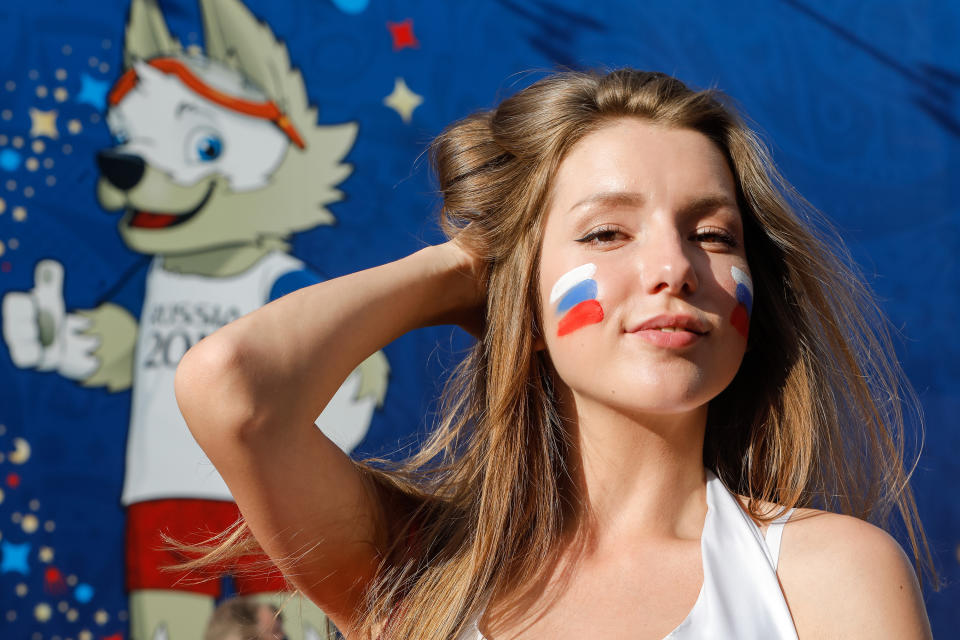 <p>Russia supporter during the FIFA World Cup 2018 match between Russia and Saudi Arabia on June 14, 2018 at Fan Fest zone in Saint Petersburg, Russia. (Photo by Mike Kireev/NurPhoto via Getty Images) </p>