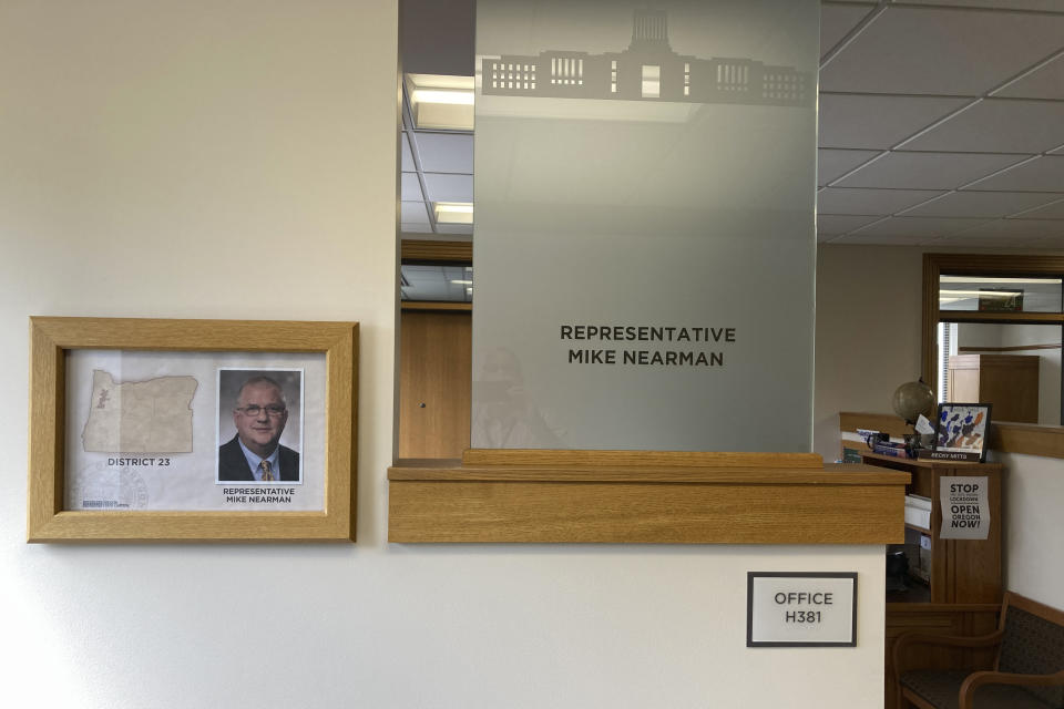 The office of Oregon Rep. Mike Nearman, is seen on Monday, June 7, 2021, in the Oregon State Capitol in Salem, Ore. Oregon House Speaker Tina Kotek wants to expel the Republican lawmaker who allowed violent protesters into the state Capitol in December. Video that emerged late Friday in local news reports that apparently showed Rep. Nearman choreographing how he would let protesters into the Capitol, which was closed to the public, exploded like a bombshell in the Legislature on Monday. (AP Photo/Andrew Selsky)