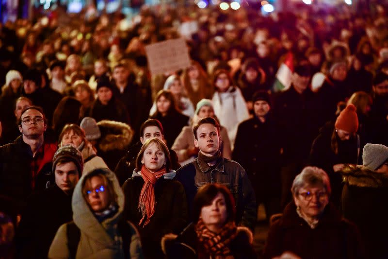 Hungarians protest demanding higher wages for teachers and against dismissals, in Budapest