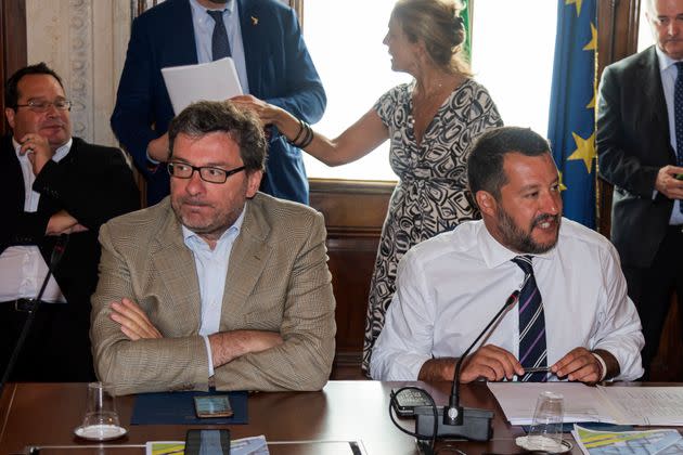 ROME, ITALY - AUGUST 06: The undersecretary of the Council of Ministers Giancarlo Giorgetti and Interior Minister Matteo Salvini  during the meeting of the Minister of the Interior Matteo Salvini with the social partners to present the next Government Budget Law on August 6, 2019 in Rome, Italy. The meeting was attended by more than forty acronyms, from Confindustria to the trade unions Cgil, Cisl and Uil, Confartigianato all'Abi, Confedilizia, Legacoop, Confcooperative and Ania. (Photo by Stefano Montesi - Corbis/Corbis via Getty Images) (Photo: Stefano Montesi - Corbis via Getty Images)