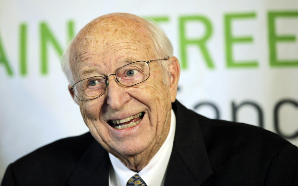 FILE - In this April 21, 2010 file photo, Bill Gates Sr. talks to reporters in Seattle. Gates, a lawyer and philanthropist and father of Microsoft co-founder Bill Gates, died Monday, Sept. 14, 2020, at age 94. (AP Photo/Ted S. Warren,File)