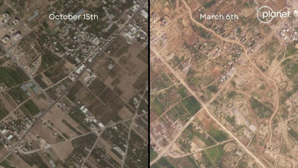 PHOTO: Satellite images from October 15th and March 6th show Israel built two roads crossing Gaza east to west, one cutting straight through the territory, and one to the north that cuts a more winding path. (Planet Labs PBC)