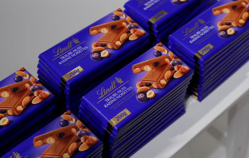 FILE PHOTO: Raisins noisettes chocolates are displayed during the annual news conference of Swiss chocolatier Lindt & Spruengli in Kilchberg