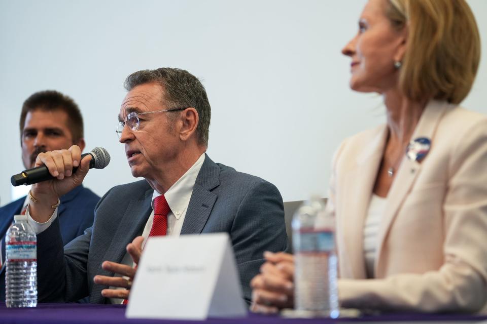 Matt Salmon answers a question about the state of Arizona's economy during a forum with candidates for the governor of Arizona hosted by the National Association of Women Business Owners at the Esplanade on June 15, 2022, in Phoenix.