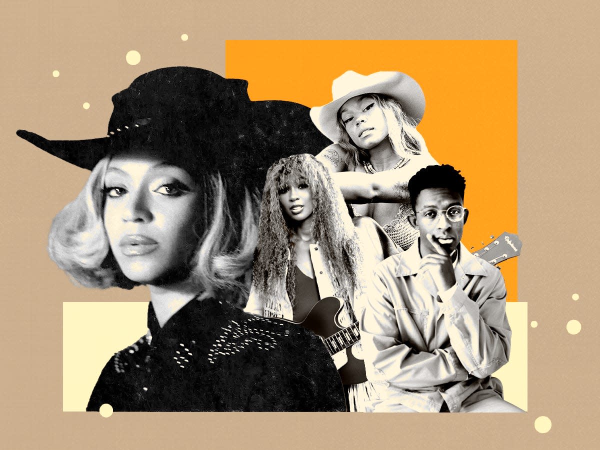 Photo collage featuring Beyoncé from the 16 Carriages cover, along side 3 artists: Tanner Adell, Tiera Kennedy and Breland