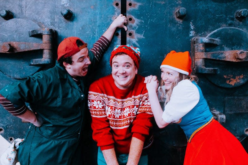 Left to right, Aaron Natarelli as Hamm, Will Macke as Eubie, and Erin McQuay as Gilda in the CCT production of the Harry Connick Jr. musical “The Happy Elf,” which opens Saturday at the Lincoln Theatre.