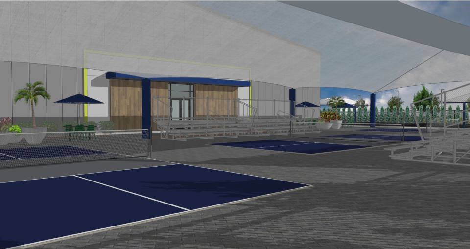 Rendering by The Pickleball Club of the outdoor, covered pickleball courts for the Greenacres facility set to open in 2025.