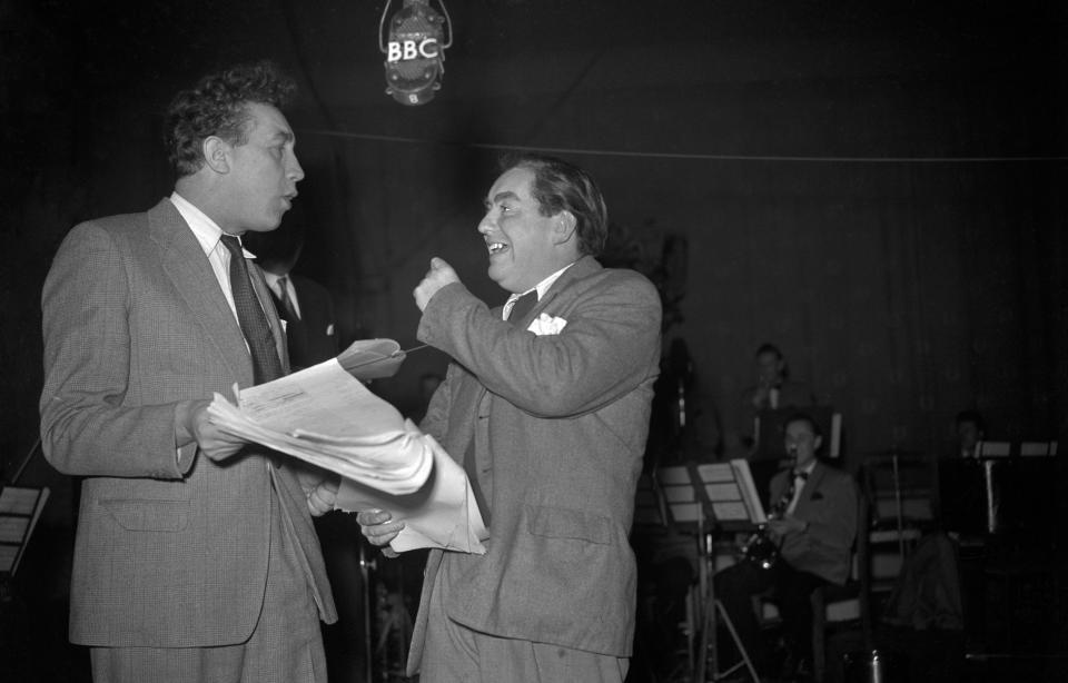 Frankie Howerd (l) and Tony Hancock during rehearsals for the BBC radio show 'The Frankie Howerd Show'.