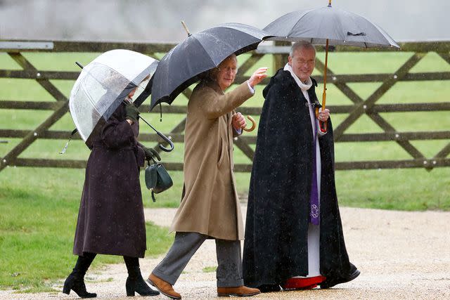 <p>Max Mumby/Indigo/Getty Images</p> King Charles, Queen Camilla and The Reverend Canon Dr Paul Williams attend the Sunday service at the Church of St Mary Magdalene on the Sandringham estate on February 18.