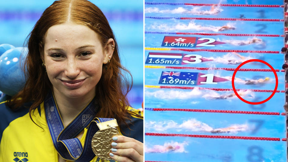 Mollie O'Callaghan holds up her 100m freestyle gold medal on the left, and is highlighted touching the wall first on the right.