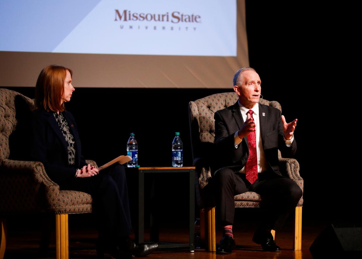 John Jasinski, a finalist for the Missouri State University president job, answers questions at a forum in the Plaster Student Union auditorium on Tuesday, Feb. 27, 2024.