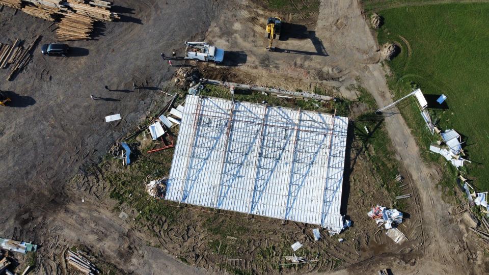 The big screen at the former Sunset Drive-In is no more. Buckeye Barn Salvage dropped the screen Tuesday at the business outside Ontario.