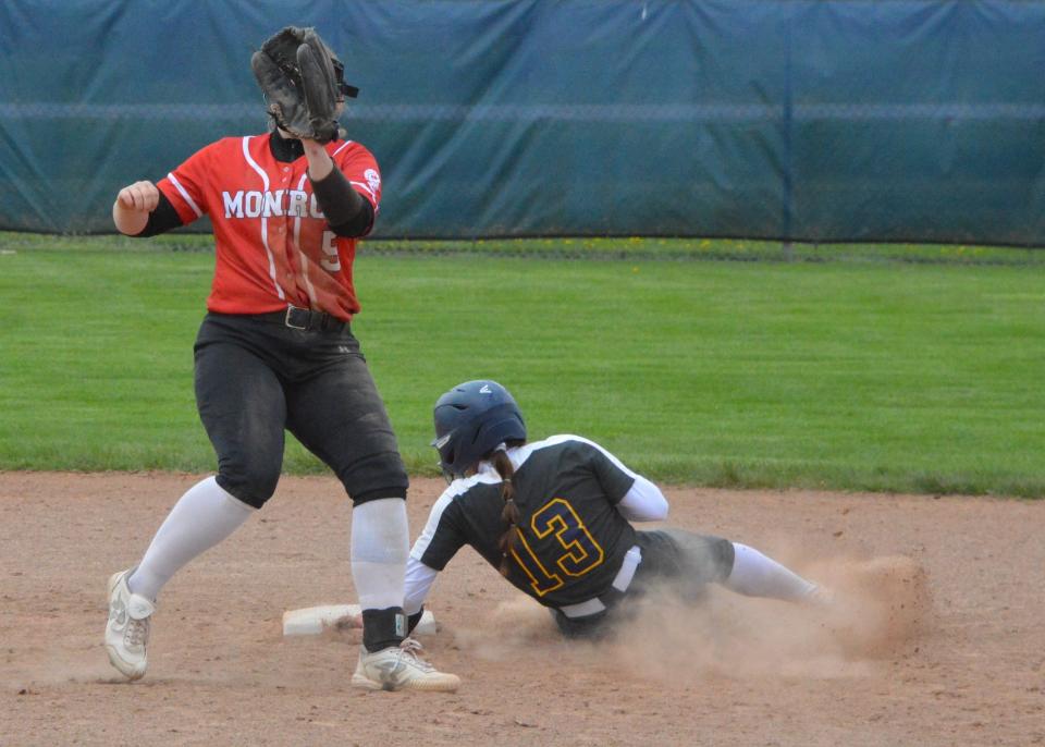 Airport's Olivia Tilley steals second base during a 20-11, 3-0 Airport sweep of Monroe on Saturday, April 20, 2024.