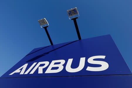 The Airbus logo is pictured at Airbus headquarters in Blagnac near Toulouse