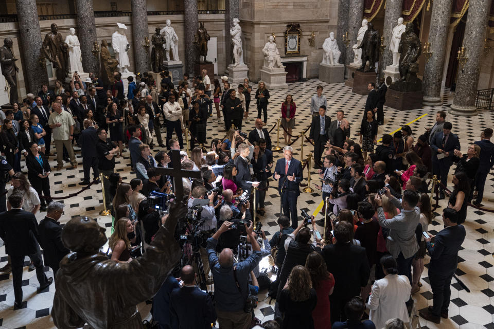 House Speaker Kevin McCarthy of Calif., speaks to reporters about debt limit negotiations, Wednesday, May 24, 2023, on Capitol Hill in Washington. (AP Photo/Jacquelyn Martin)